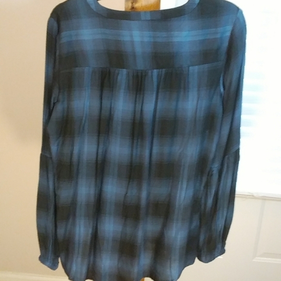Philosophy Boho Long Bishop Sleeves Black Blue Plaid Top Blouse Size M Front Tie - Picture 12 of 12